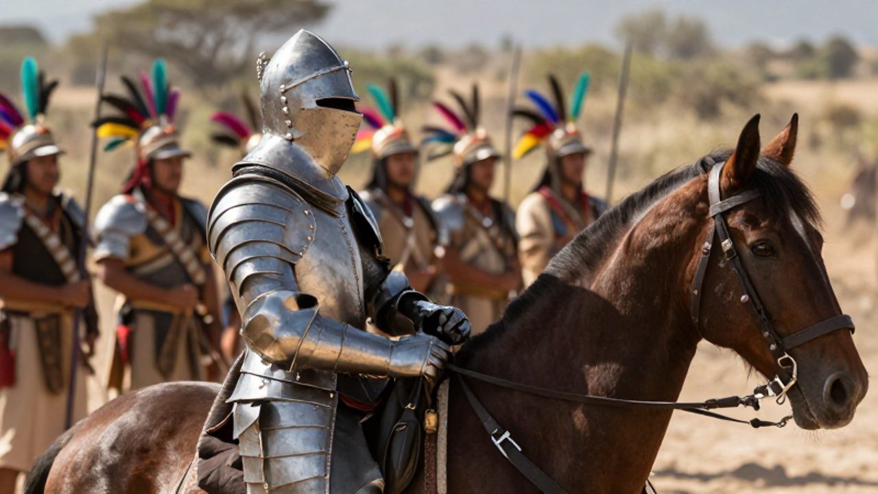 Un conquistador español con armadura de acero junto a un caballo, frente a un grupo de guerreros tlaxcaltecas con tocados de plumas en un paisaje mesoamericano.