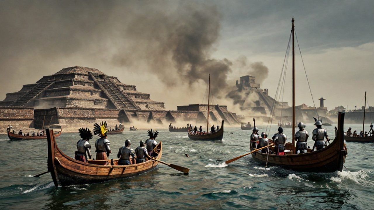 Combate naval entre canoas indígenas y bergantines españoles en las aguas de Tenochtitlán, con las pirámides de la ciudad bajo un cielo de humo al fondo.