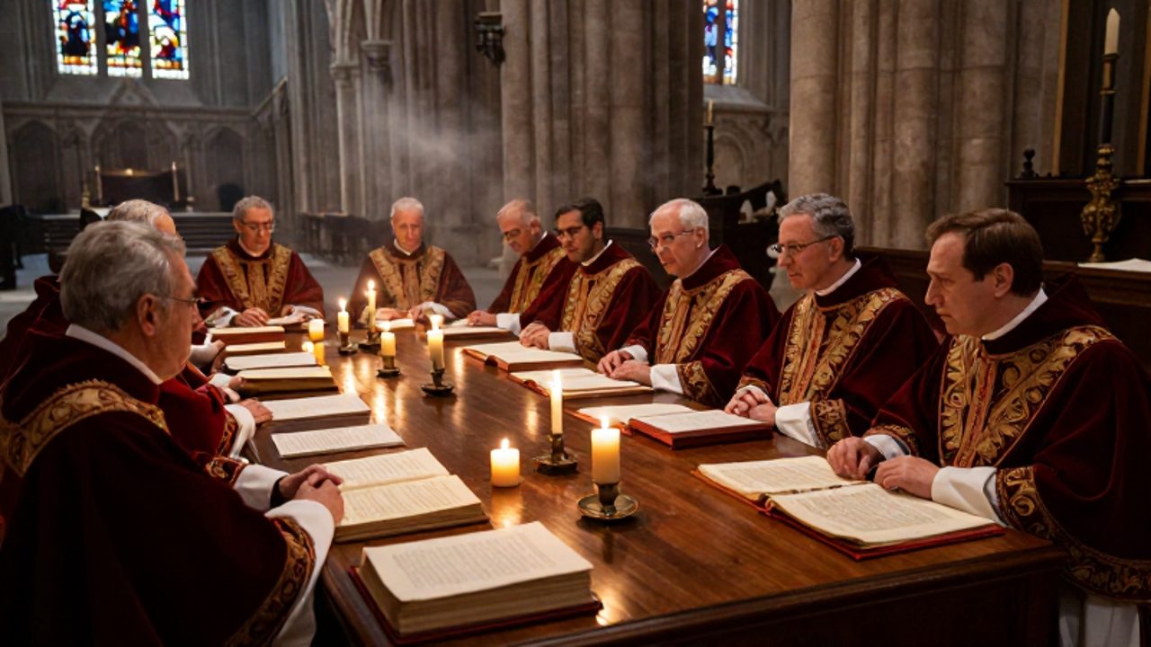 Obispos y teólogos católicos con vestiduras solemnes deliberan alrededor de una mesa con manuscritos y velas dentro de una catedral renacentista.