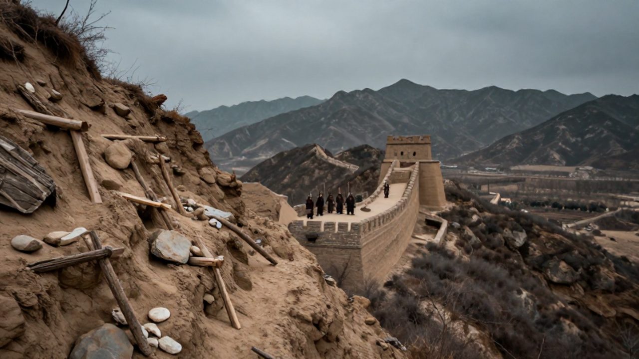 Sección antigua de la Gran Muralla construida con tierra apisonada y piedra que recorre una cordillera montañosa bajo un cielo nublado, con soldados de la dinastía Qin vigilando desde una torre de madera.