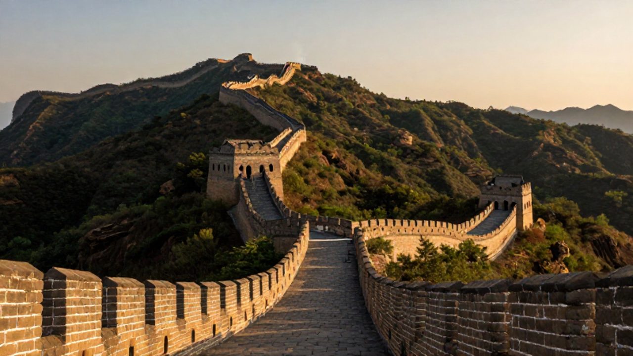 La Gran Muralla China serpentea sobre las crestas de una cordillera montañosa con torres de vigilancia estratégicamente situadas y una señal de humo a lo lejos.