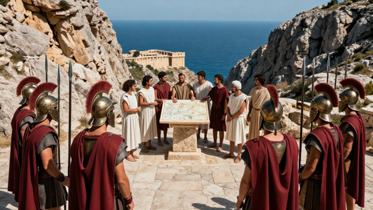 Soldados espartanos en formación de combate y una delegación de ciudadanos atenienses frente a un mapa de mármol en un paso montañoso junto al mar Egeo.