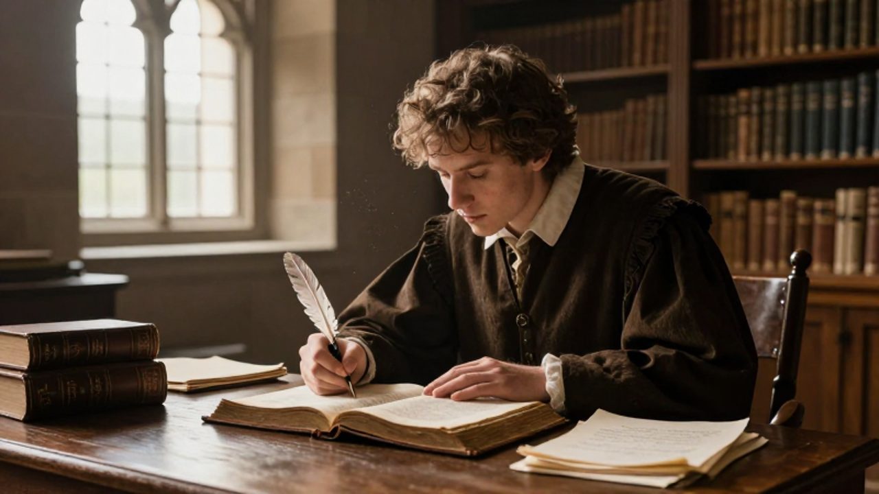 Un estudiante del siglo XVI escribe con pluma en un escritorio de madera junto a una Biblia abierta en un estudio iluminado.