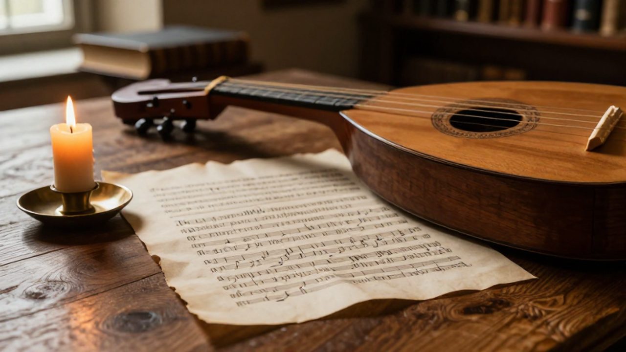 Partitura musical antigua sobre una mesa de madera junto a un laúd tallado en un estudio iluminado por luz natural.