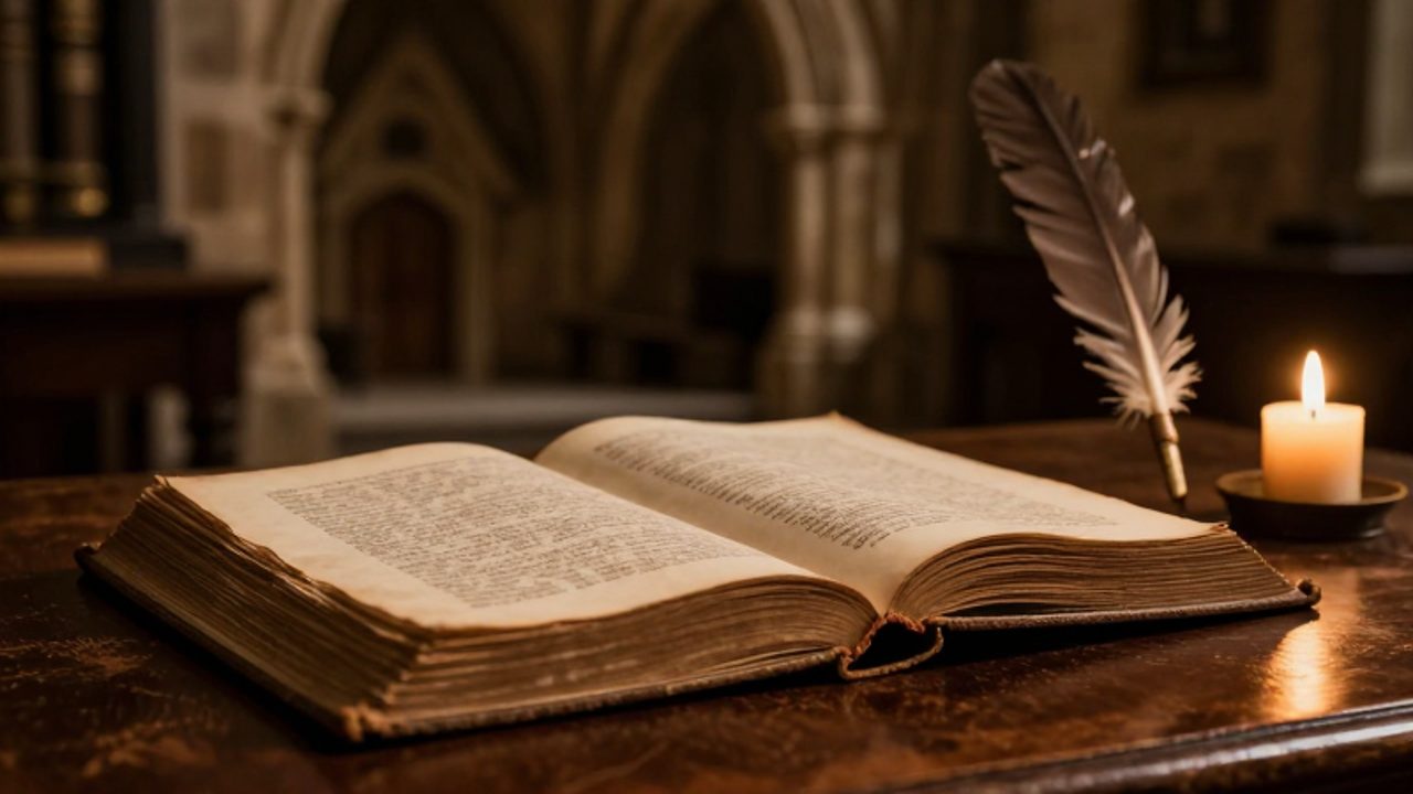 Libro antiguo abierto con una pluma y una vela sobre un escritorio de madera, con la entrada de una escuela de piedra al fondo.