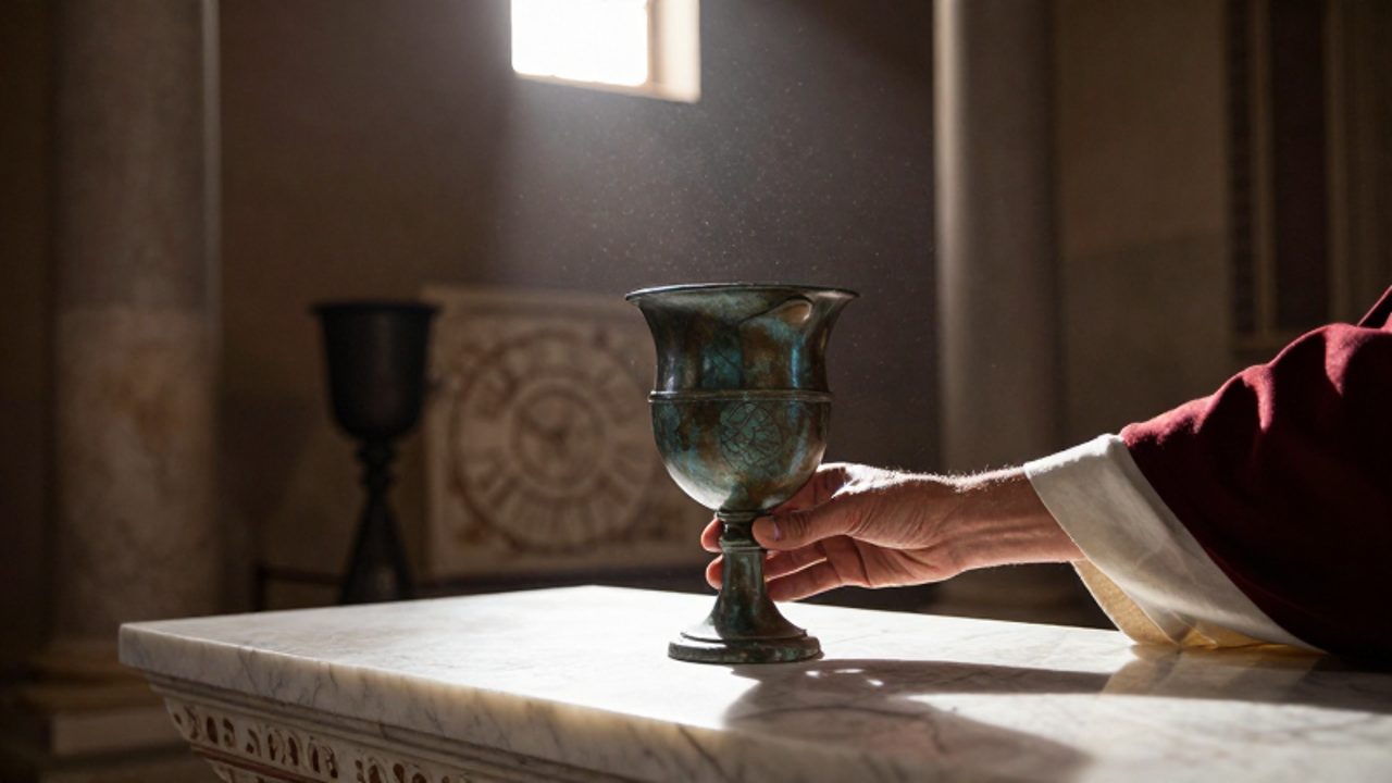 Manos de un sacerdote romano colocando un recipiente de bronce sobre un altar de mármol en el interior de un templo.