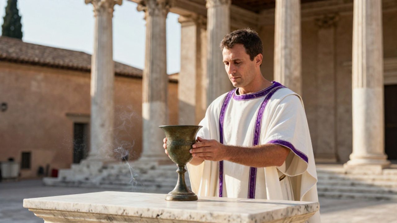 Un sacerdote romano con túnica blanca realiza una ofrenda ritual con un recipiente de bronce frente a un altar en el patio de un templo de mármol.