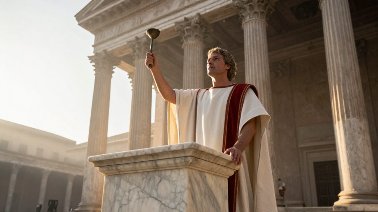Un augur romano con túnica blanca realiza un ritual sagrado frente a un altar de mármol en un templo al amanecer.