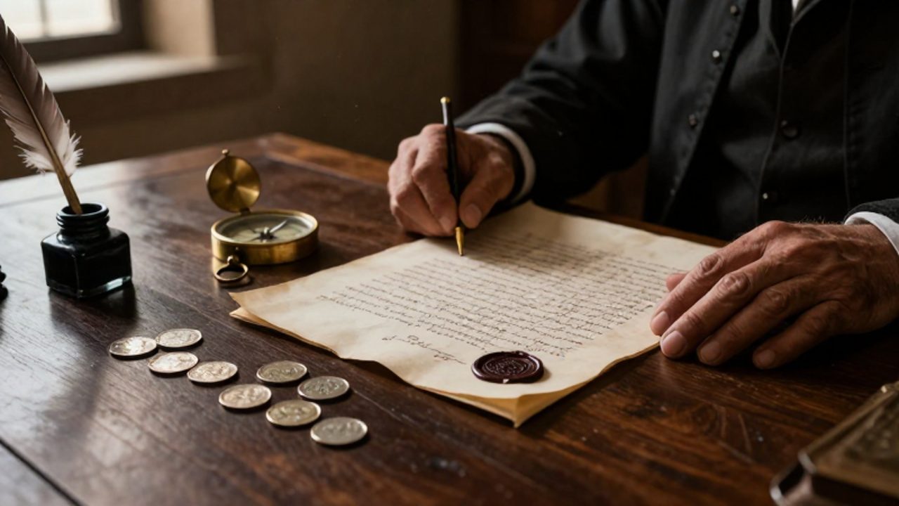 Manos de un burócrata sobre un escritorio colonial con un libro de contabilidad, monedas de plata, una pluma y herramientas de navegación.