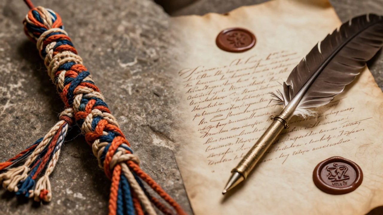 Un quipu inca con nudos de colores junto a una pluma y un documento con sellos coloniales, comparando los métodos de registro administrativo de ambos imperios.