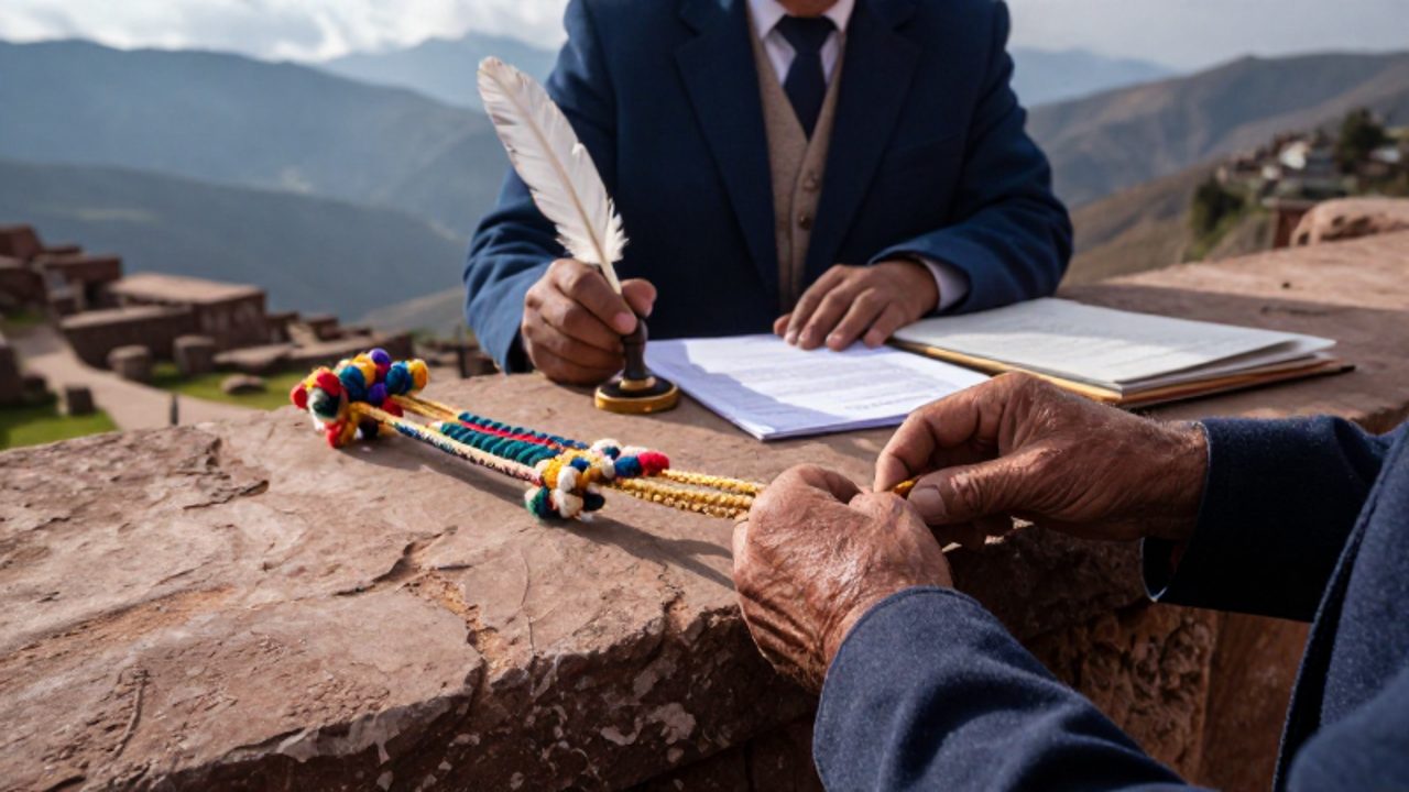 Manos manipulando un quipu inca de cuerdas anudadas en primer plano frente a documentos y un sello colonial español sobre un fondo de montañas andinas.