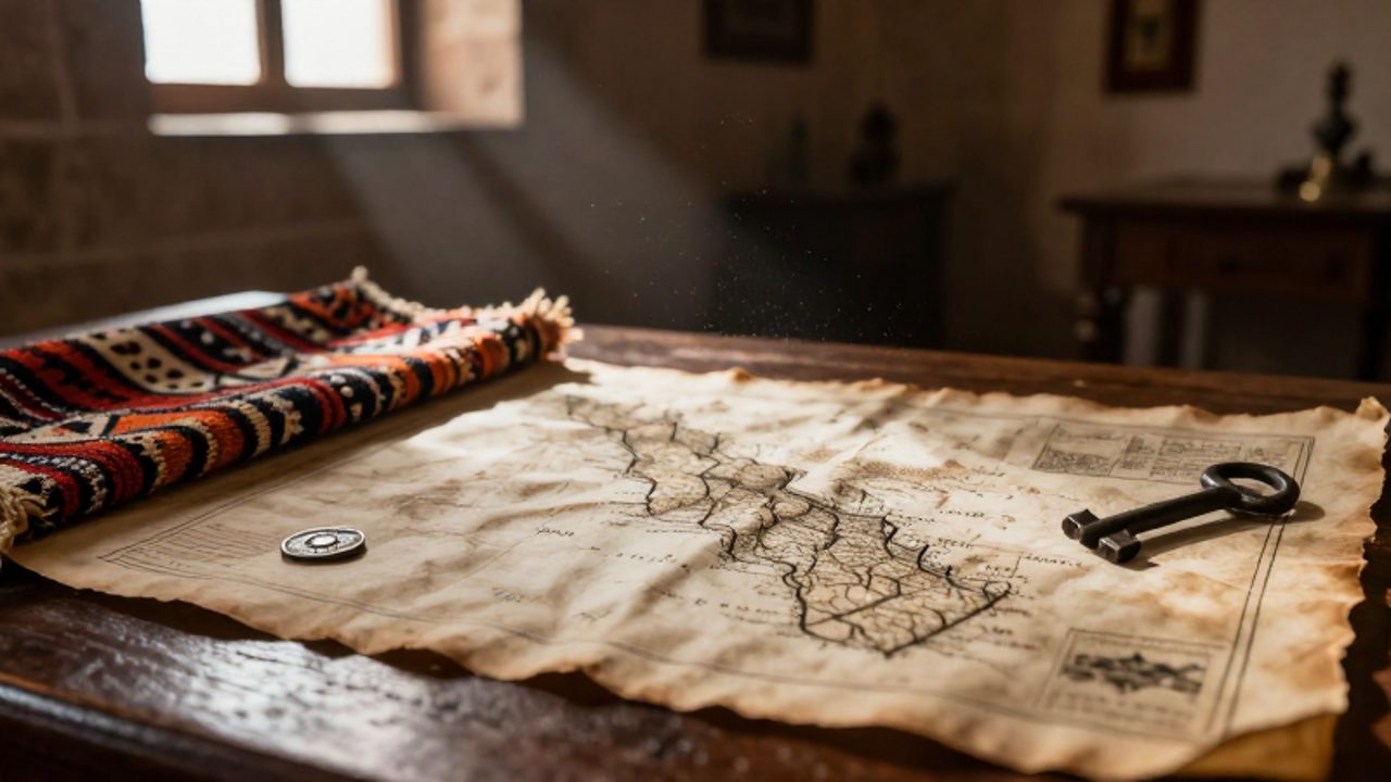 Mapa antiguo andino junto a fragmentos de textiles geométricos, una moneda de plata colonial y una llave de hierro sobre una mesa de madera.
