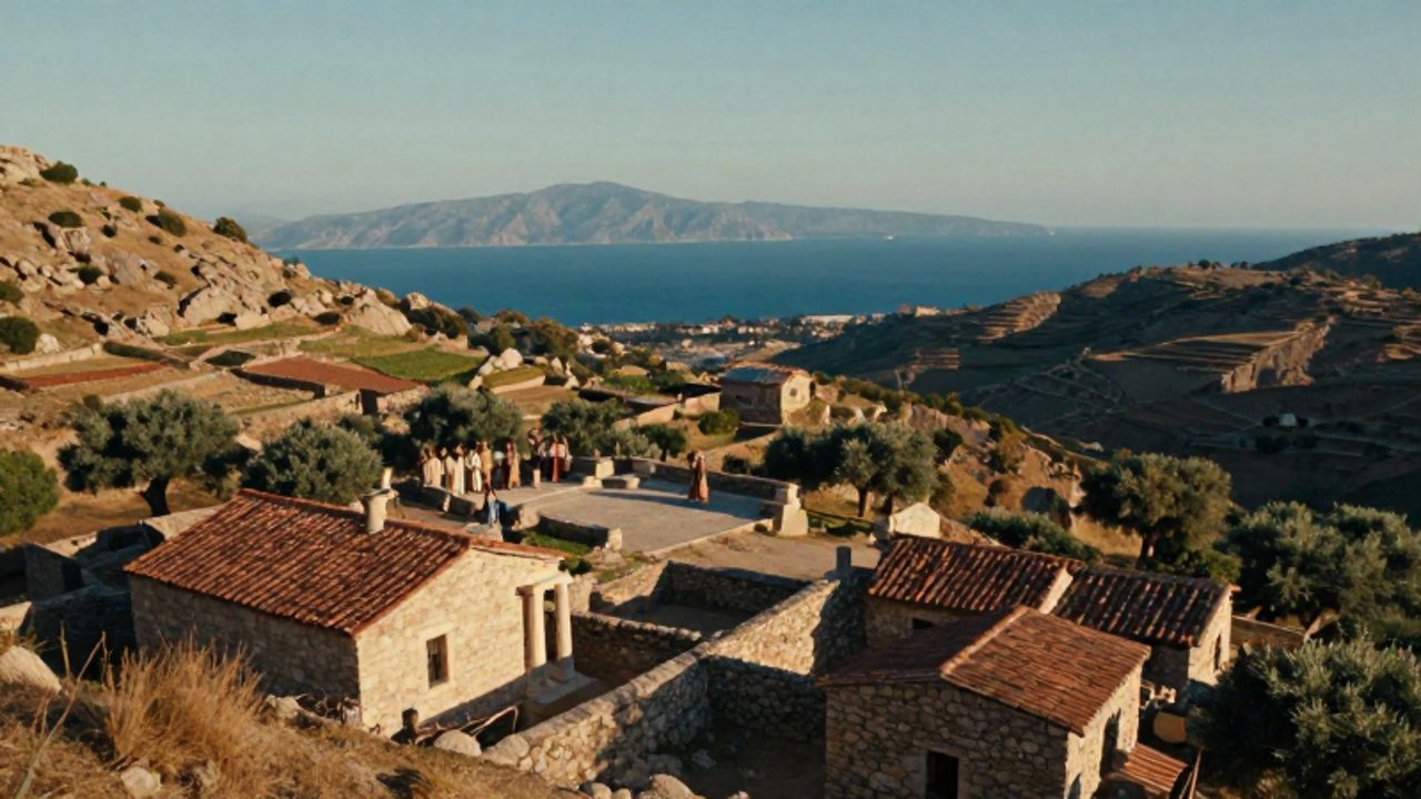 Asentamiento griego antiguo con viviendas de piedra y cultivos en una ladera mediterránea frente al mar Egeo.