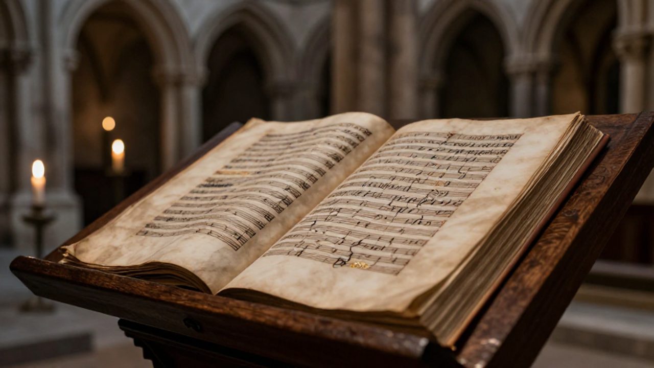 Manuscrito iluminado con neumas musicales sobre un atril de madera en el interior de una catedral de piedra.