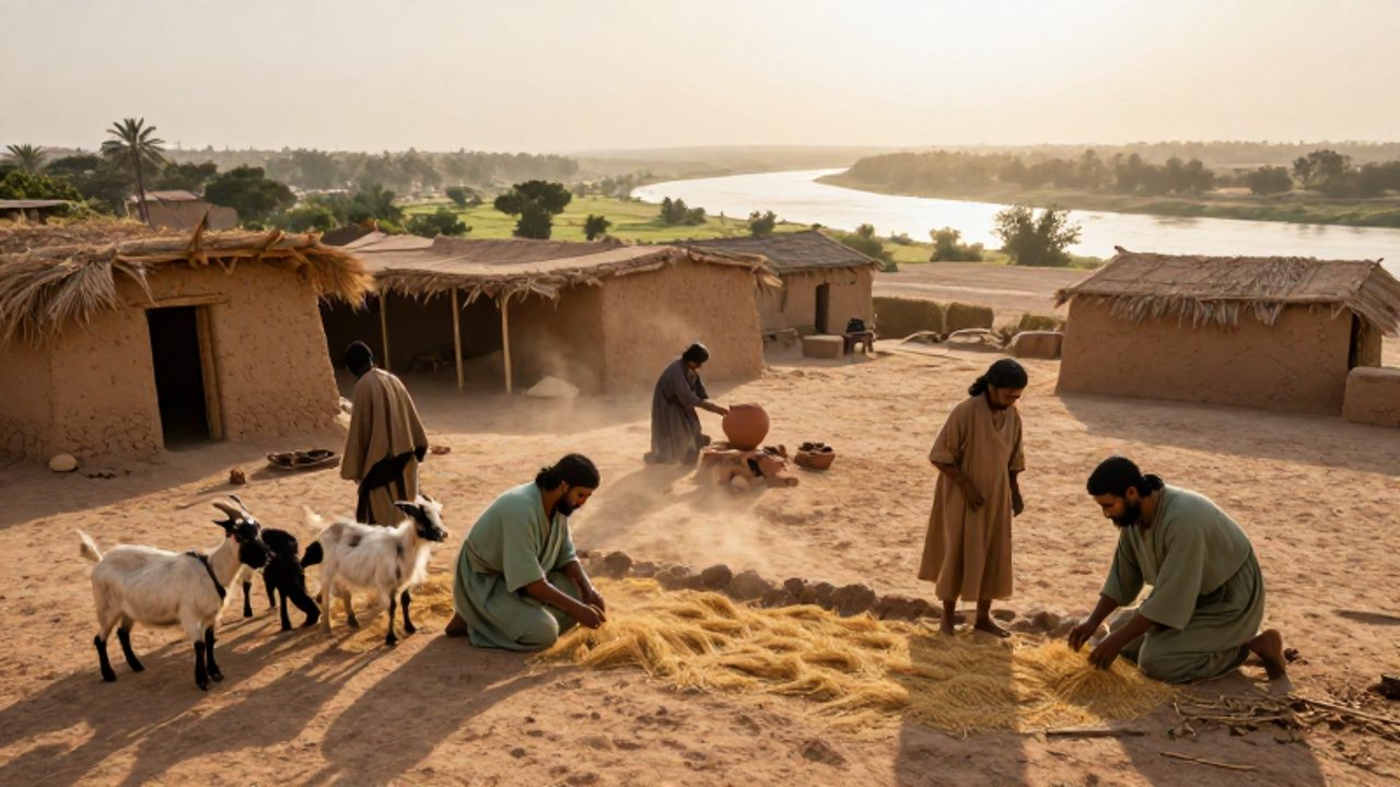 Grupo de humanos neolíticos cultivando cereales y cuidando cabras cerca de viviendas de adobe en un valle fértil al amanecer.