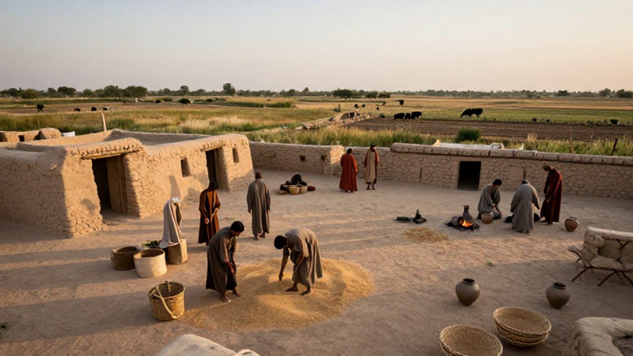 Primeros asentamientos humanos en el Creciente Fértil donde personas recolectan grano y fabrican cerámica junto a viviendas de adobe.