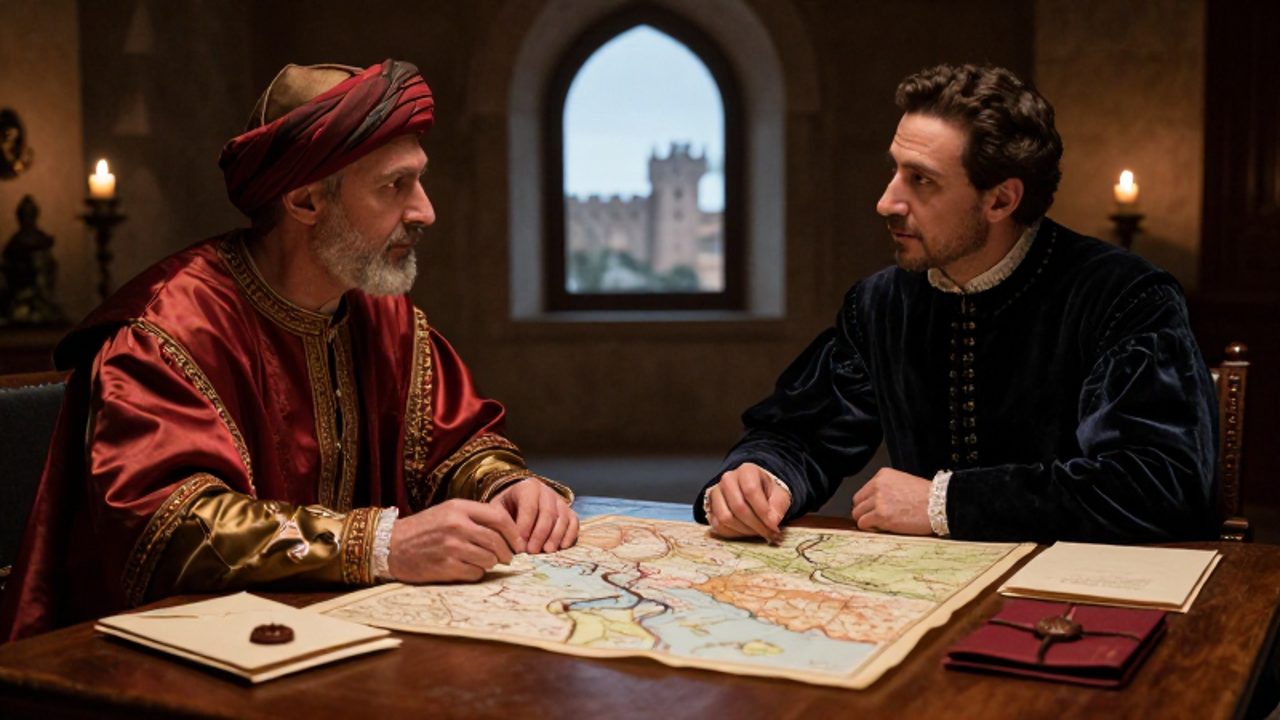 Dos diplomáticos del siglo XVI, un enviado otomano y un noble centroeuropeo, mantienen una conversación seria sobre un mapa del Danubio en una estancia de piedra.