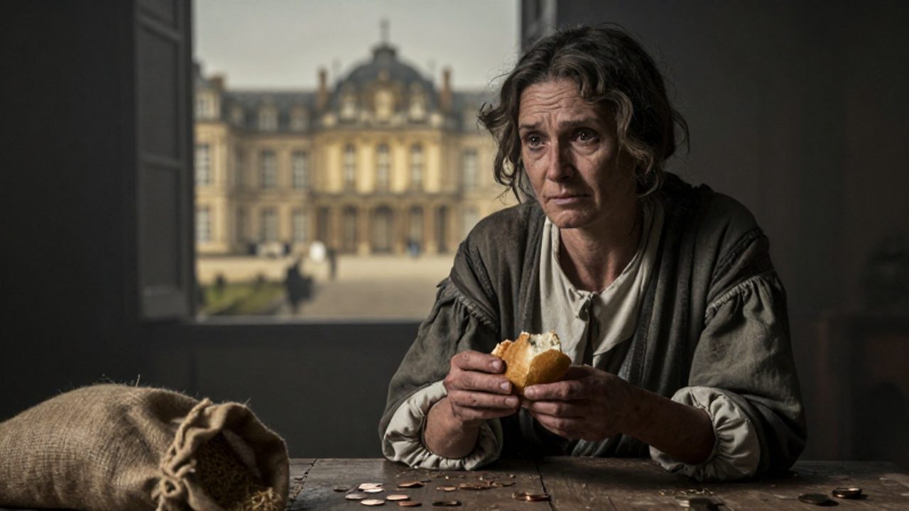 Una campesina con expresión de desesperación sostiene un trozo de pan seco frente a un fondo desenfocado que muestra la opulencia de una mansión francesa.