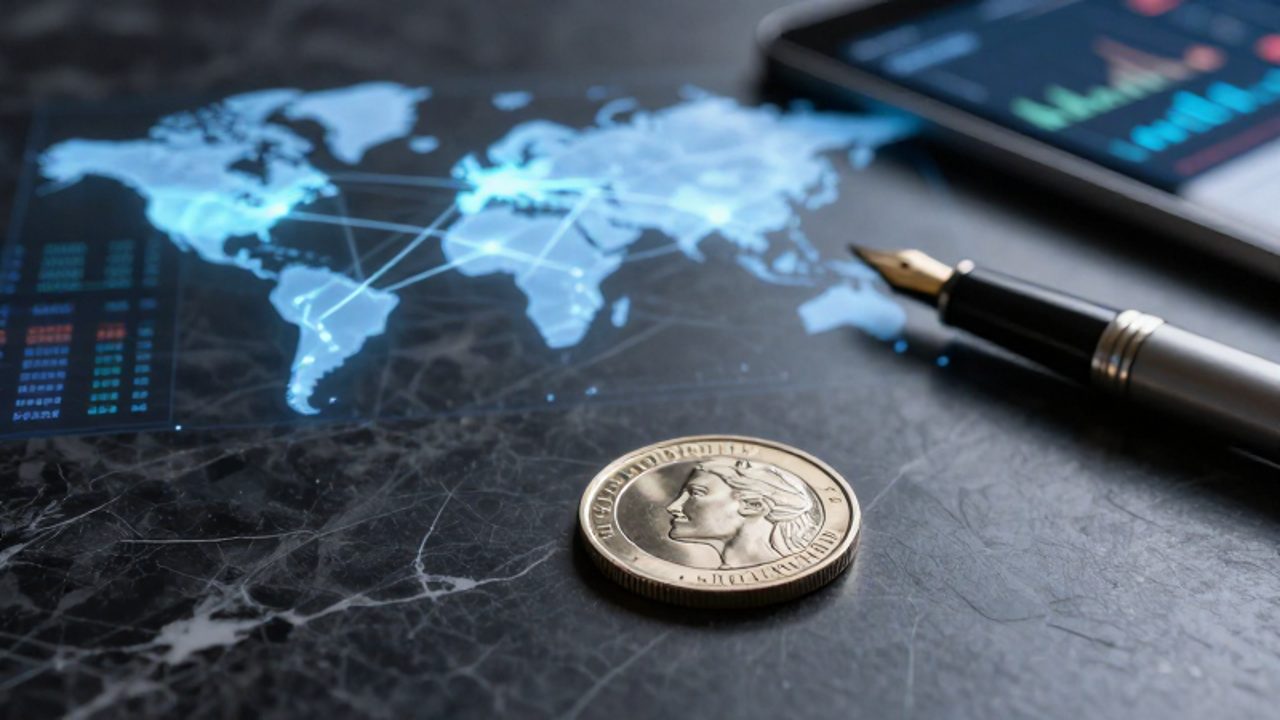 Moneda metálica de reserva internacional sobre un escritorio de mármol con un mapa digital de flujos financieros globales al fondo.