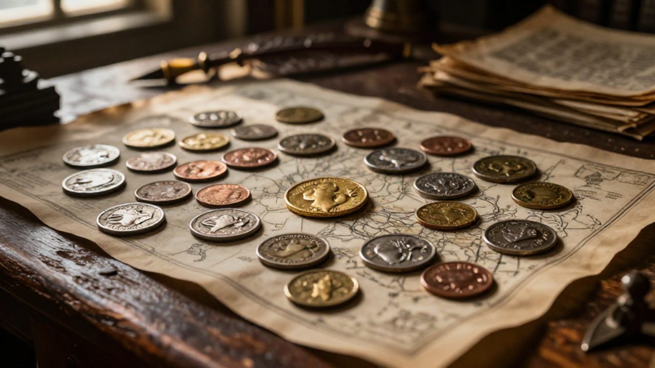 Variedad de monedas antiguas de oro, plata y cobre esparcidas sobre un mapa de pergamino en una mesa de madera.