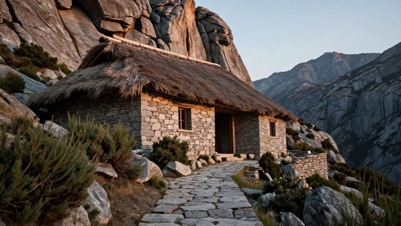 Casa tradicional de piedra con techo de paja integrada en la ladera de una montaña rocosa.
