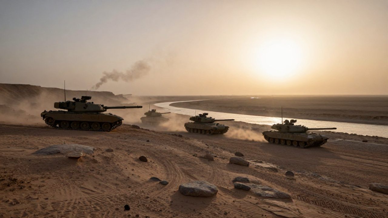 Siluetas de tanques y vehículos militares apostados en las dunas de un desierto al amanecer con columnas de humo en el horizonte.