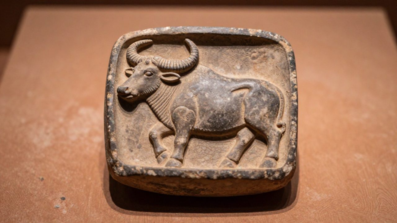 Sello de esteatita de la civilización del Indo con la figura tallada de un búfalo de agua con cuernos curvados.