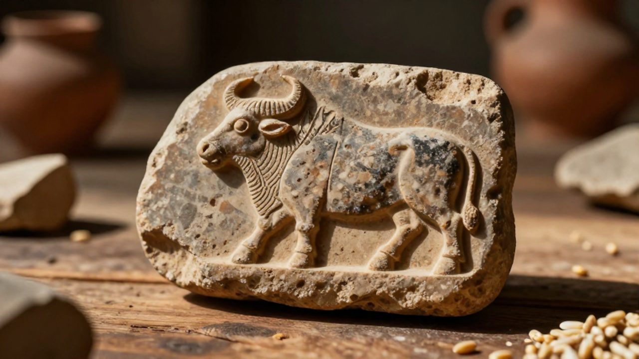 Sello de esteatita de la civilización del Indo con el relieve de un toro tallado, reposando sobre una superficie de piedra arenisca.