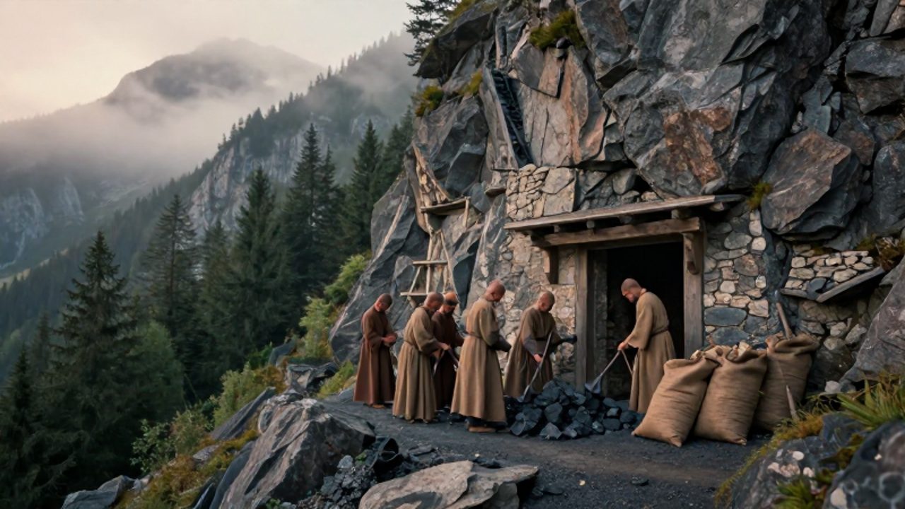 Monjes medievales inspeccionan herramientas de hierro y sacos de mineral frente a la entrada de una mina en una ladera montañosa junto a un monasterio de piedra.