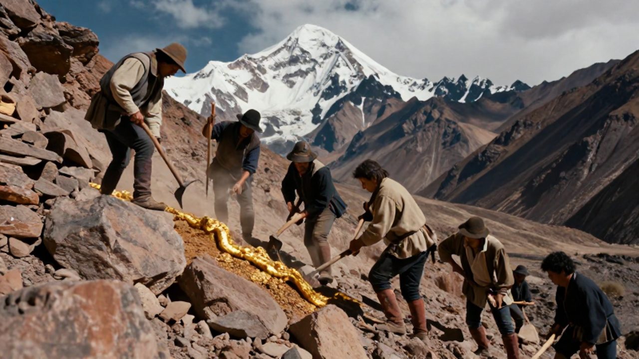 Conquistadores españoles y trabajadores indígenas extraen vetas de oro con herramientas primitivas en una mina de alta montaña en los Andes.