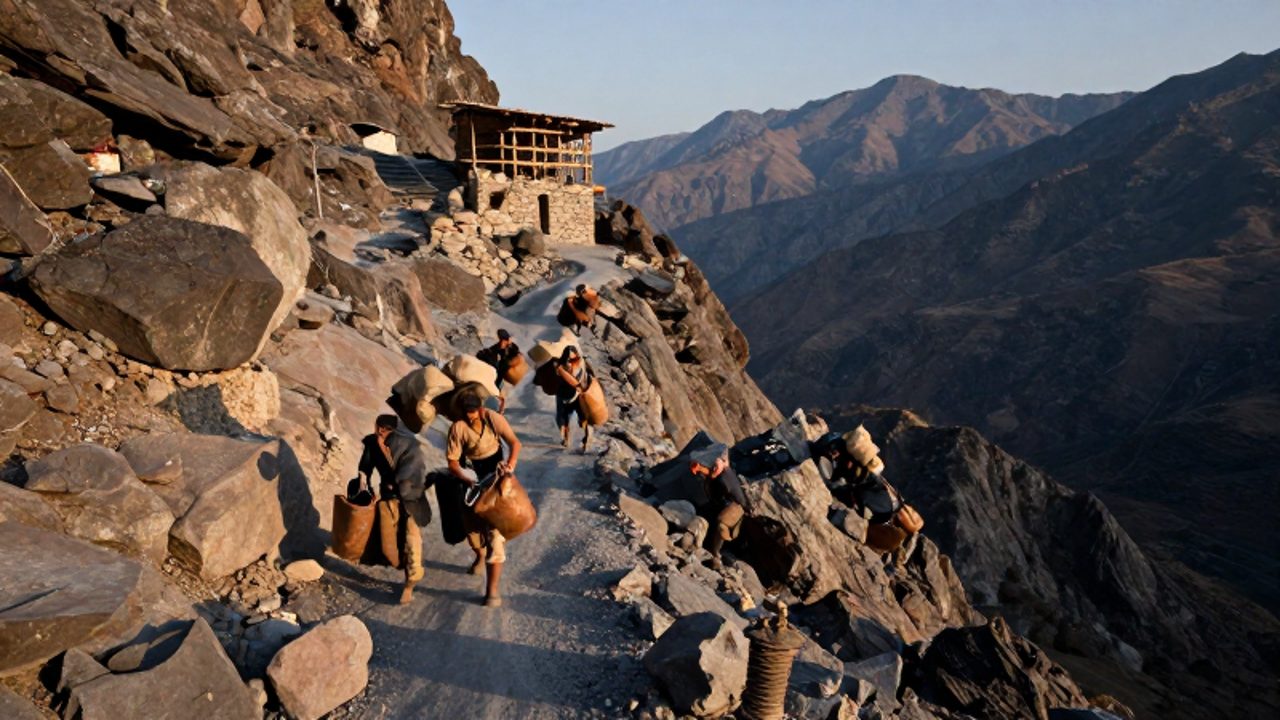 Trabajadores de una civilización antigua extraen minerales de una montaña escarpada utilizando herramientas primitivas y cargando sacos de piedra por senderos estrechos.