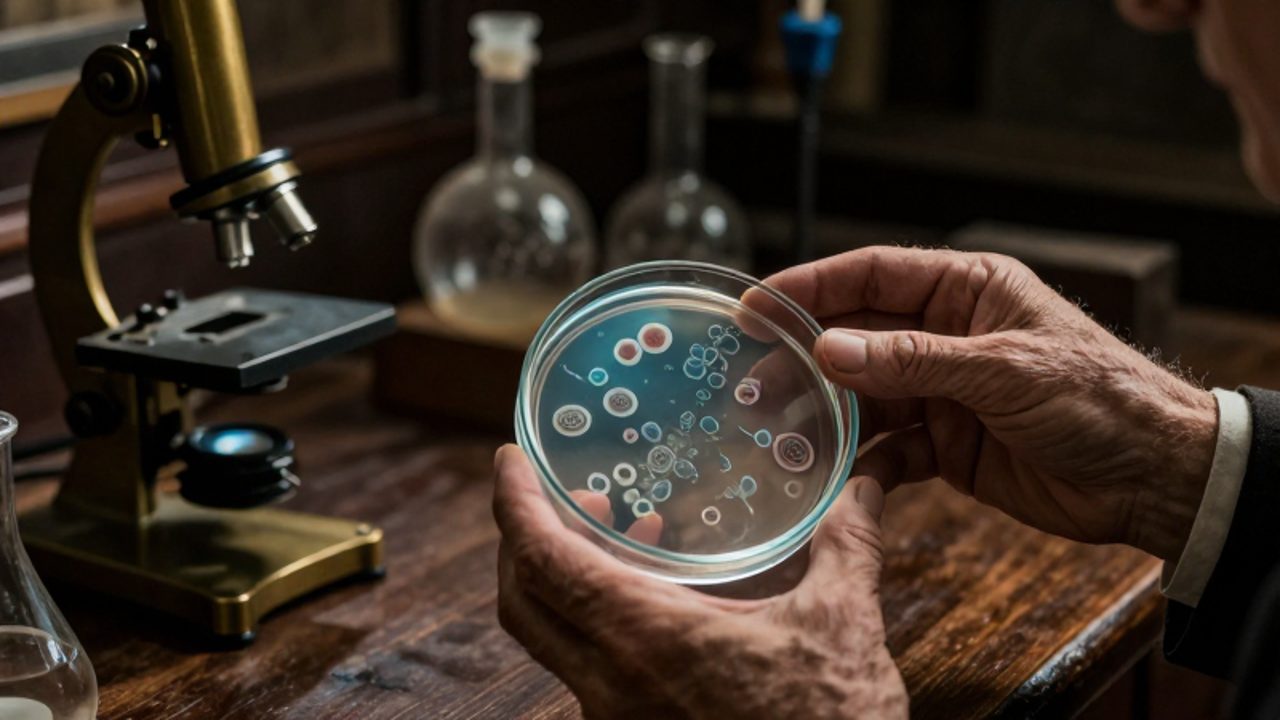 Manos de un científico del siglo XIX sostienen una placa de Petri con colonias bacterianas en un laboratorio antiguo.