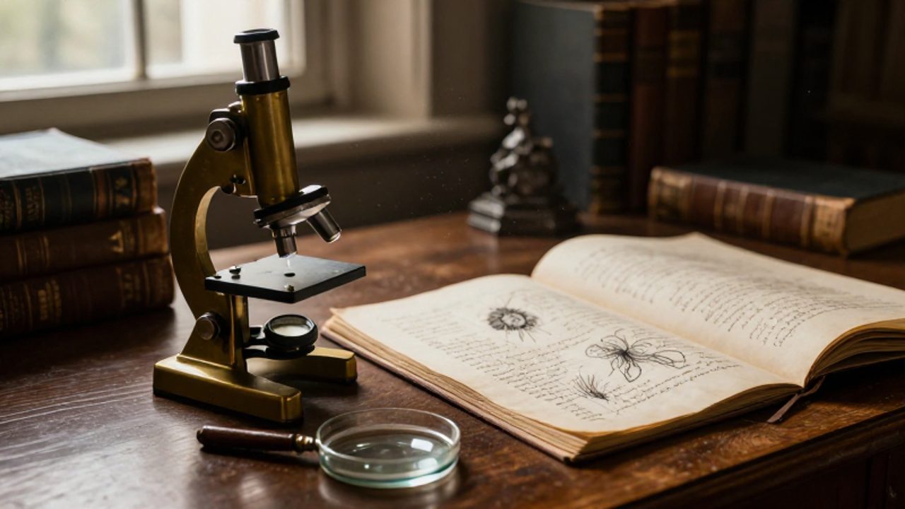 Microscopio de latón antiguo sobre un escritorio de madera junto a un diario con dibujos de microorganismos.