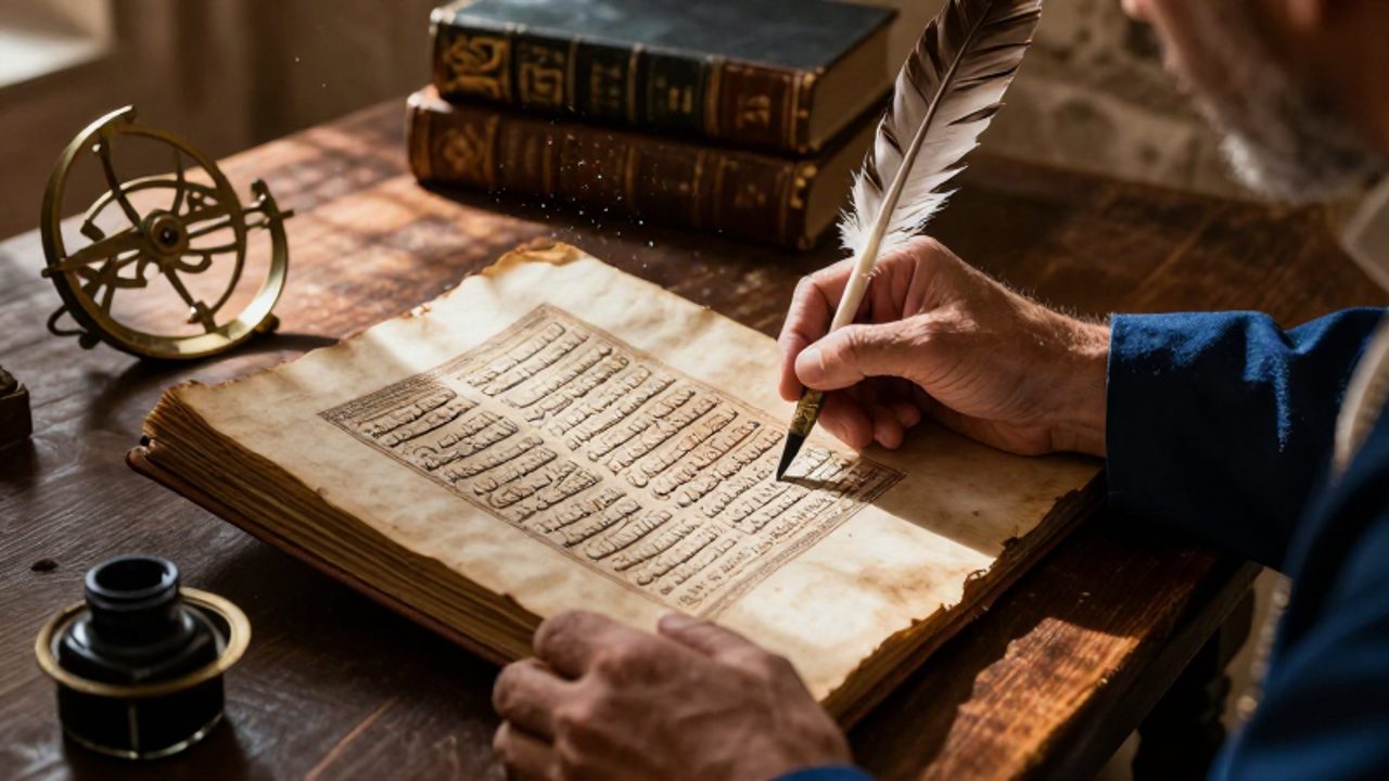 Un erudito traduce un manuscrito árabe junto a un códice latino sobre una mesa de madera en un antiguo scriptorium medieval.