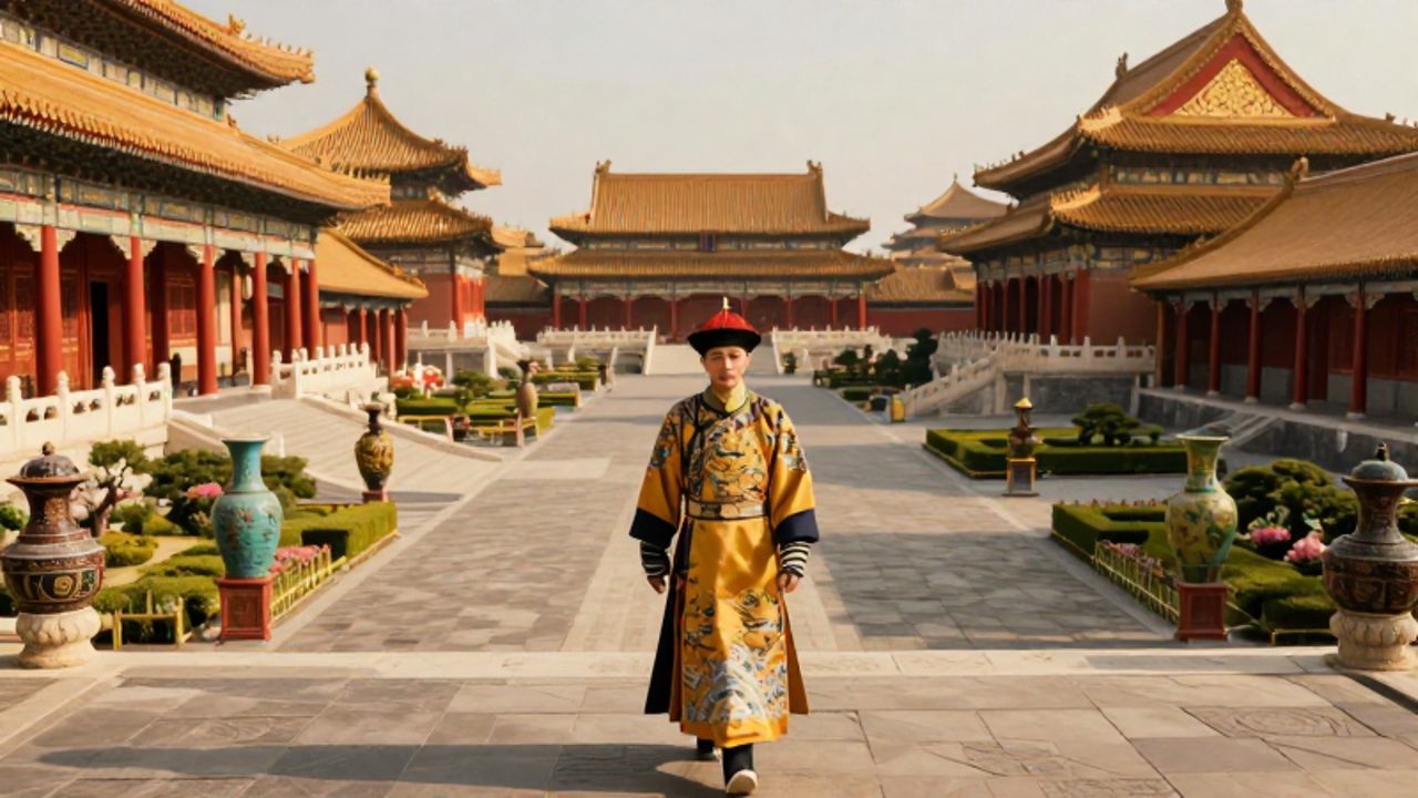 Un alto funcionario de la dinastía Qing camina con vestiduras de seda por un vasto y opulento complejo de palacios con techos dorados y jardines ornamentales.