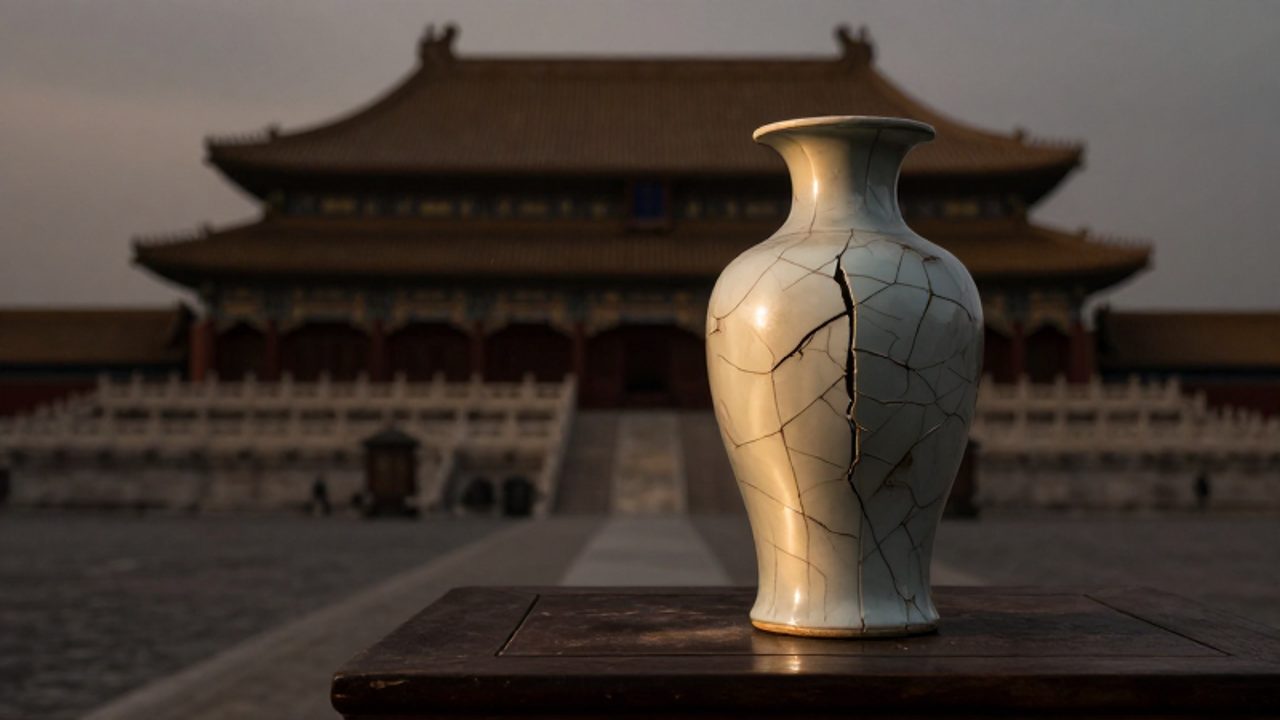 Un jarrón de porcelana agrietado sobre una mesa de madera oscura con un palacio chino difuminado al fondo, simbolizando la decadencia del Imperio Qing.