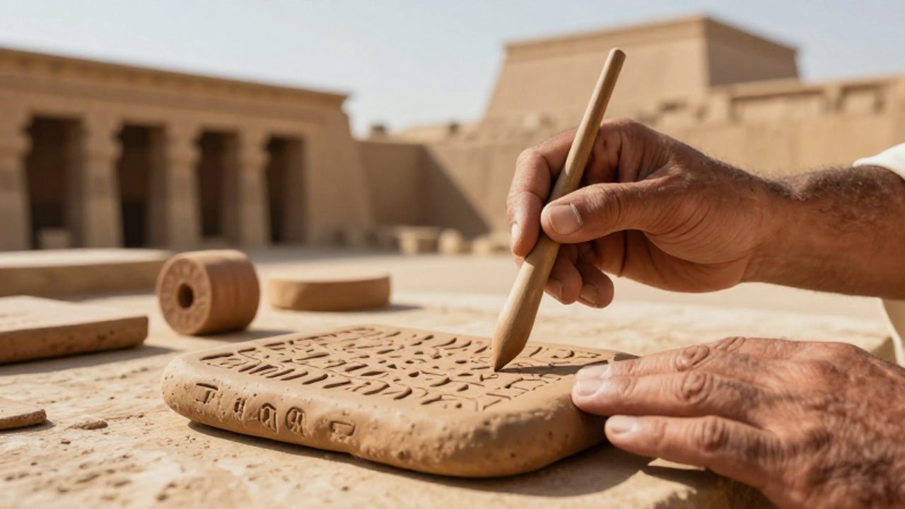 Manos de un escriba mesopotámico grabando signos cuneiformes en una tablilla de arcilla húmeda sobre una mesa de piedra.