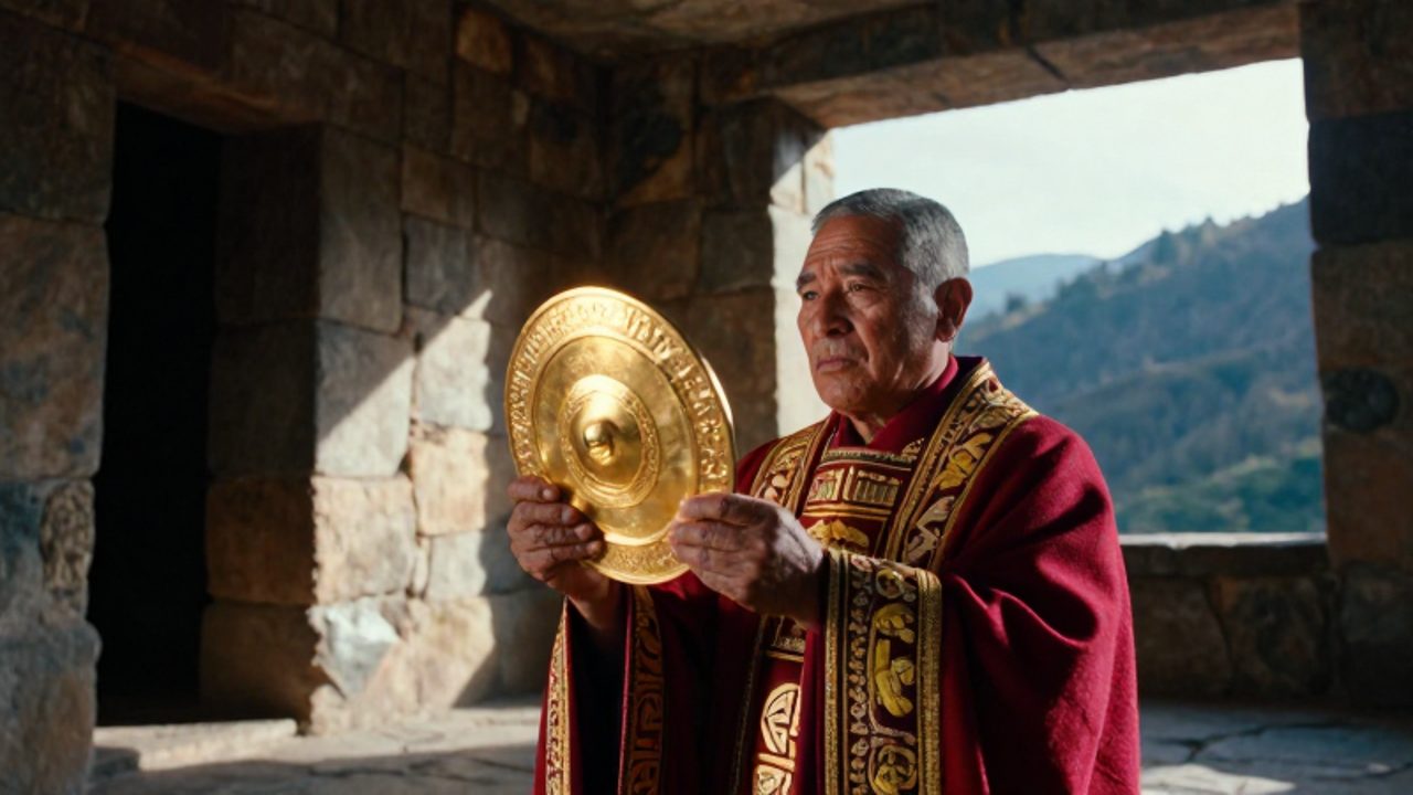 Un sacerdote inca con vestiduras ceremoniales sostiene un disco de oro que refleja la luz del sol durante un ritual dentro de un templo de piedra en los Andes.