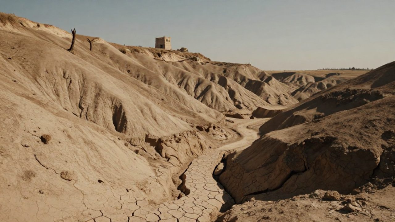 Colina erosionada y desértica en la época romana con tierra agrietada, tocones de árboles secos y una torre de vigilancia de piedra a lo lejos.
