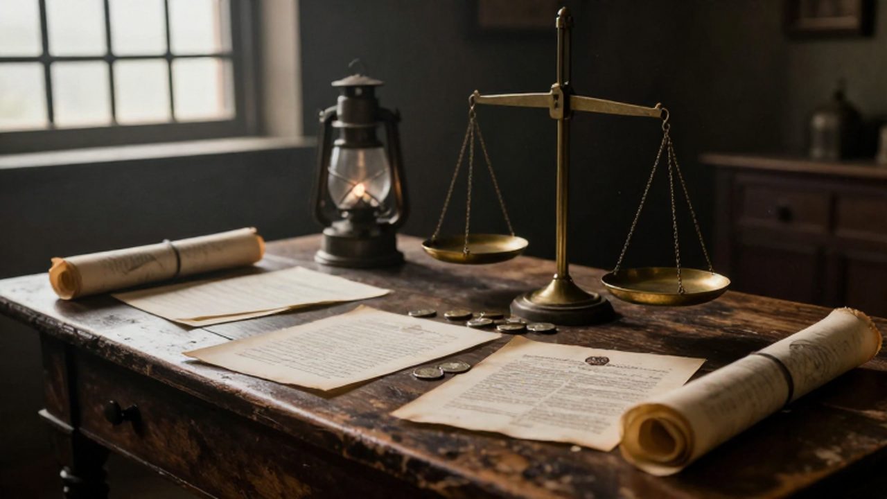Documentos oficiales con sellos de cera, monedas de plata y una balanza de latón desequilibrada sobre una mesa de madera en una oficina colonial del siglo XVIII.