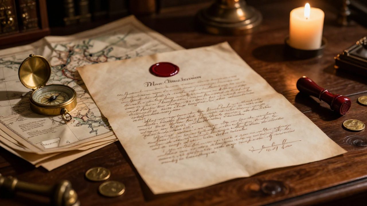 Un decreto oficial sobre un escritorio de madera junto a mapas marítimos, una brújula y monedas de oro en un ambiente de estudio histórico.