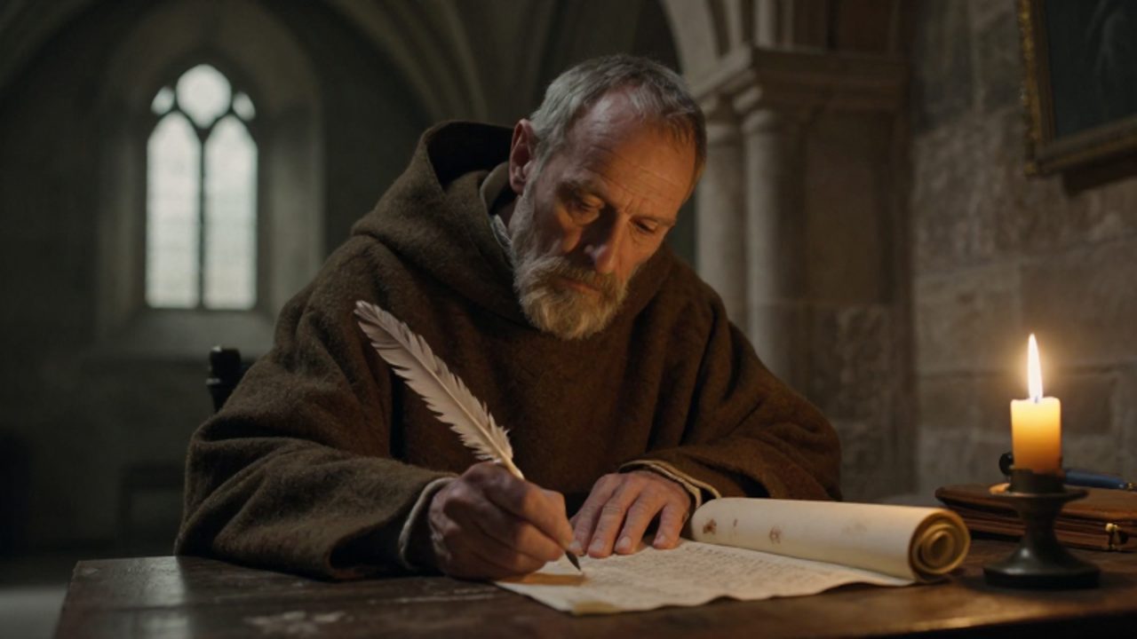Un monje medieval escribe concentrado con una pluma sobre un pergamino en una celda de monasterio iluminada por la luz de una vela.