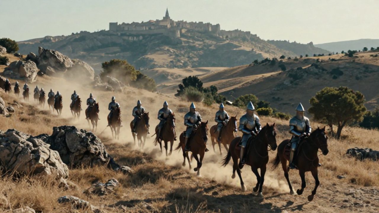 Caballería cristiana con armaduras de malla avanza en formación disciplinada por una meseta ibérica hacia una ciudad fortificada en la distancia.