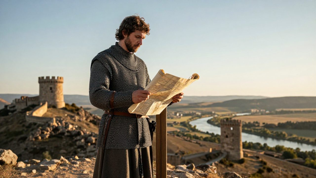 Un caballero cristiano del siglo XI observa un mapa de pergamino frente a una fortificación en lo alto de una colina sobre un valle ibérico.