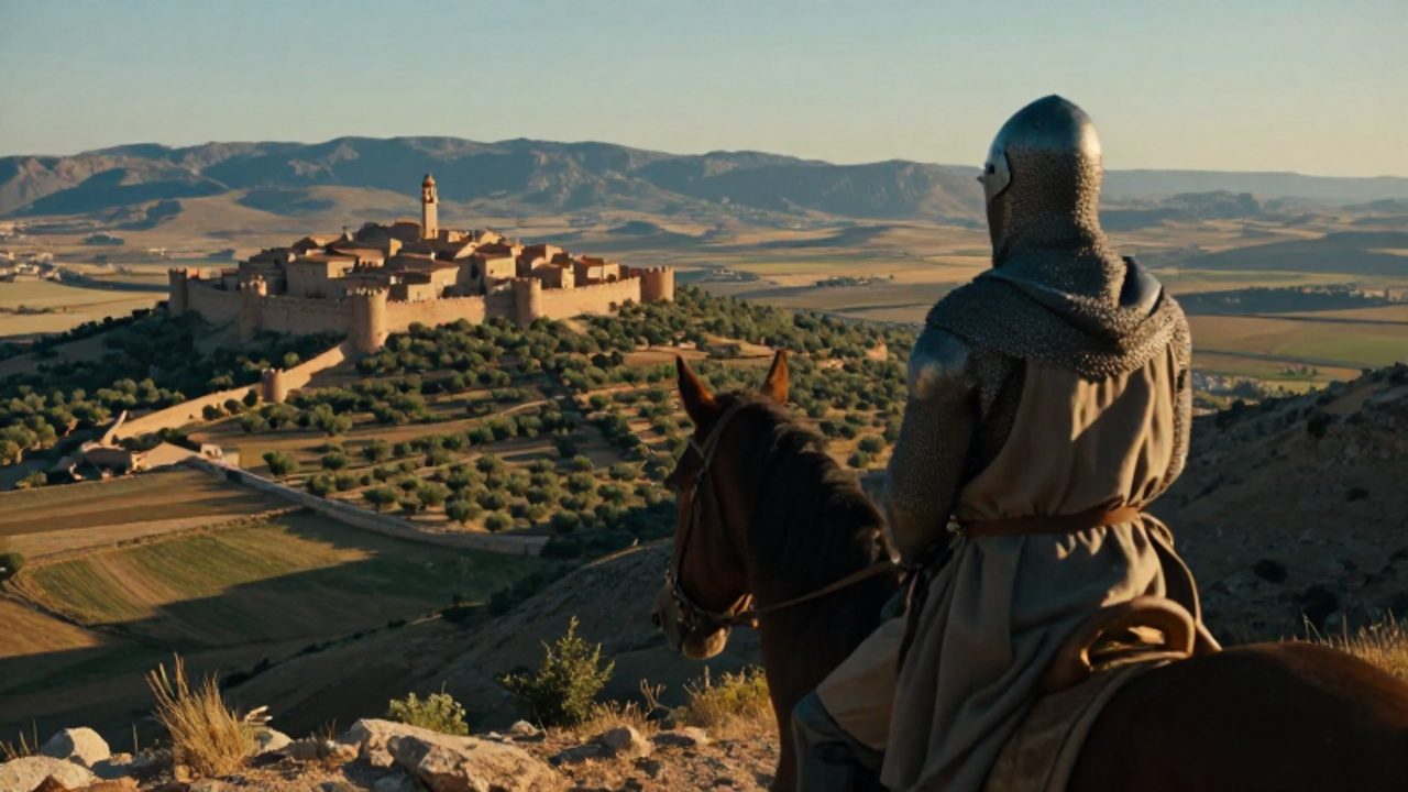 Un caballero cristiano a caballo observa desde una colina un valle con una ciudad fortificada de una taifa rodeada de olivares.