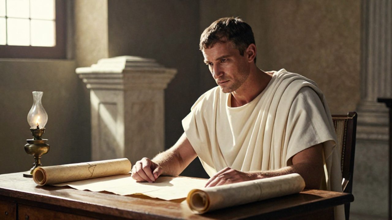 Un estadista romano con toga blanca reflexiona sentado ante un escritorio con pergaminos y una lámpara de aceite en una estancia clásica iluminada por el sol.