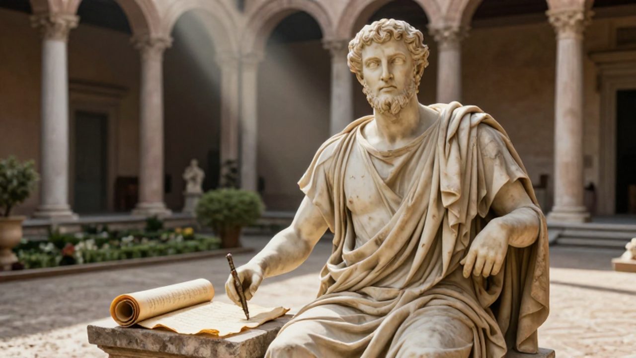 Estatua de mármol de un filósofo griego con toga romana situada en el patio soleado de una villa antigua junto a un pergamino y un estilo.