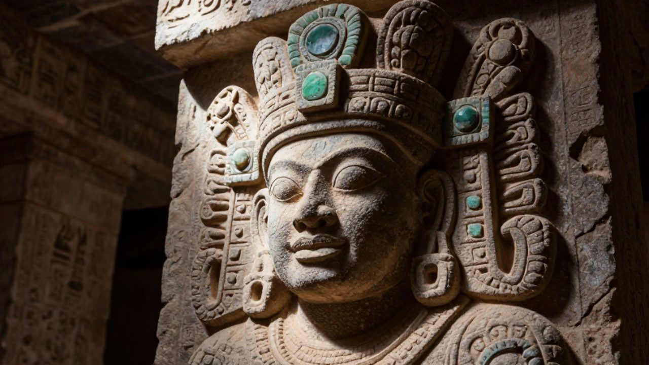 Relieve de piedra de una deidad maya con tocado ceremonial y adornos de jade dentro de un templo antiguo.