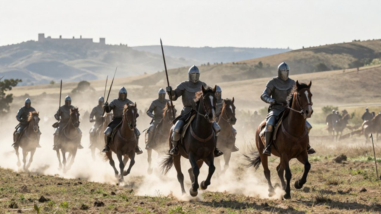 Caballeros con armadura y lanzas avanzan en una carga táctica a caballo por un valle polvoriento con un castillo al fondo.