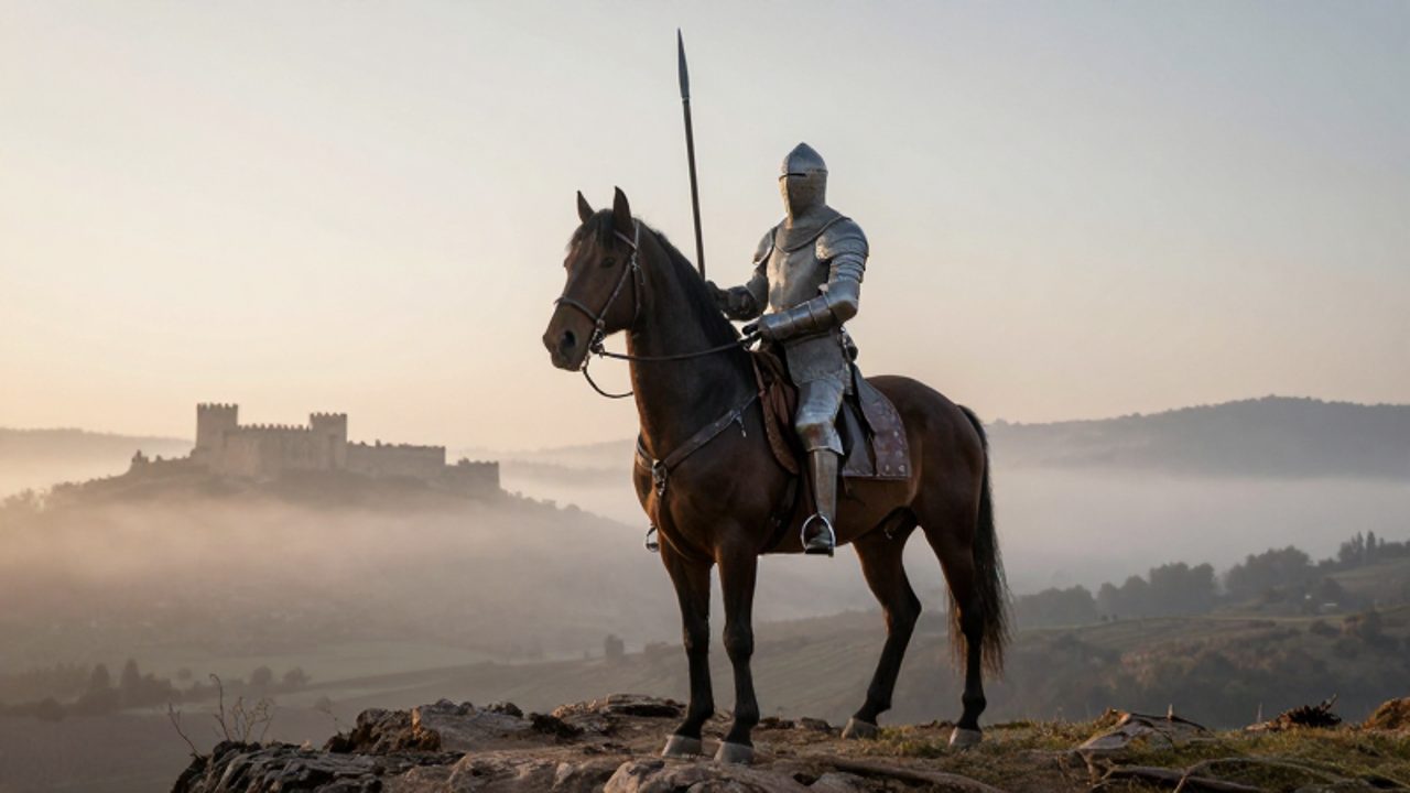Caballero de la España del siglo XII con armadura de cota de malla y lanza, montado sobre un caballo con gualdrapas frente a un castillo entre la niebla al amanecer.